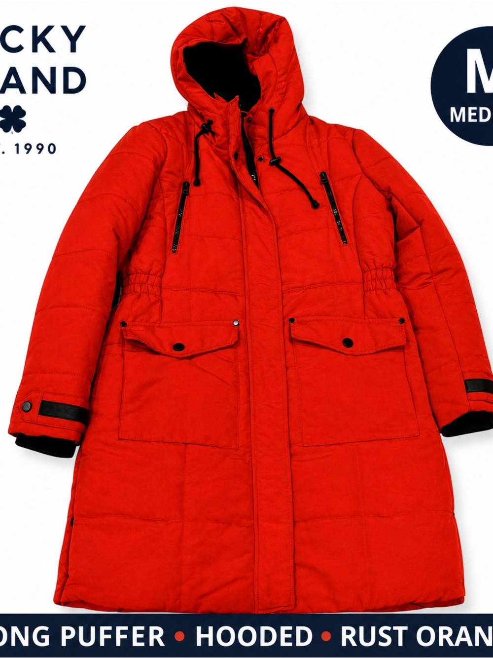 Lucky Brand Long Puffer Coat Hooded Rust Orange Medium Winter Parka Jacket